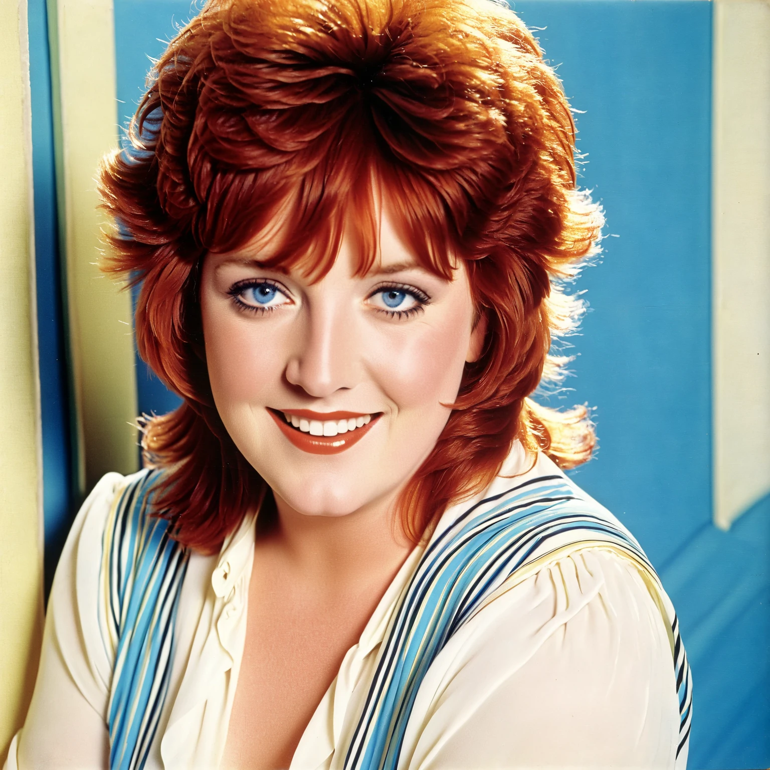 portrait of skswoman, happy , wearing long red hair , (freckles:0.7), she is dressed in pristine white blouse with a high collar, which exuded an air of elegance and formality. Over the blouse, she wore a tailored, fitted navy blue coat that fell to her knees. The coat had a structured silhouette with slightly puffed shoulders and long sleeves that tapered at the wrists background field of wheat epic (photo, studio lighting, hard light, sony a7, 50 mm, matte skin, pores, colors, hyperdetailed, hyperrealistic), <lyco:Julie AndrewsV2:1.2>
