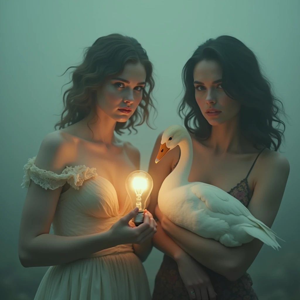 scarlett johansson and natalie portman going a kindapi in white betta Fish outfit and a white betta Fish mask a very pretty woman tied to the chair hands tied eyes bent 