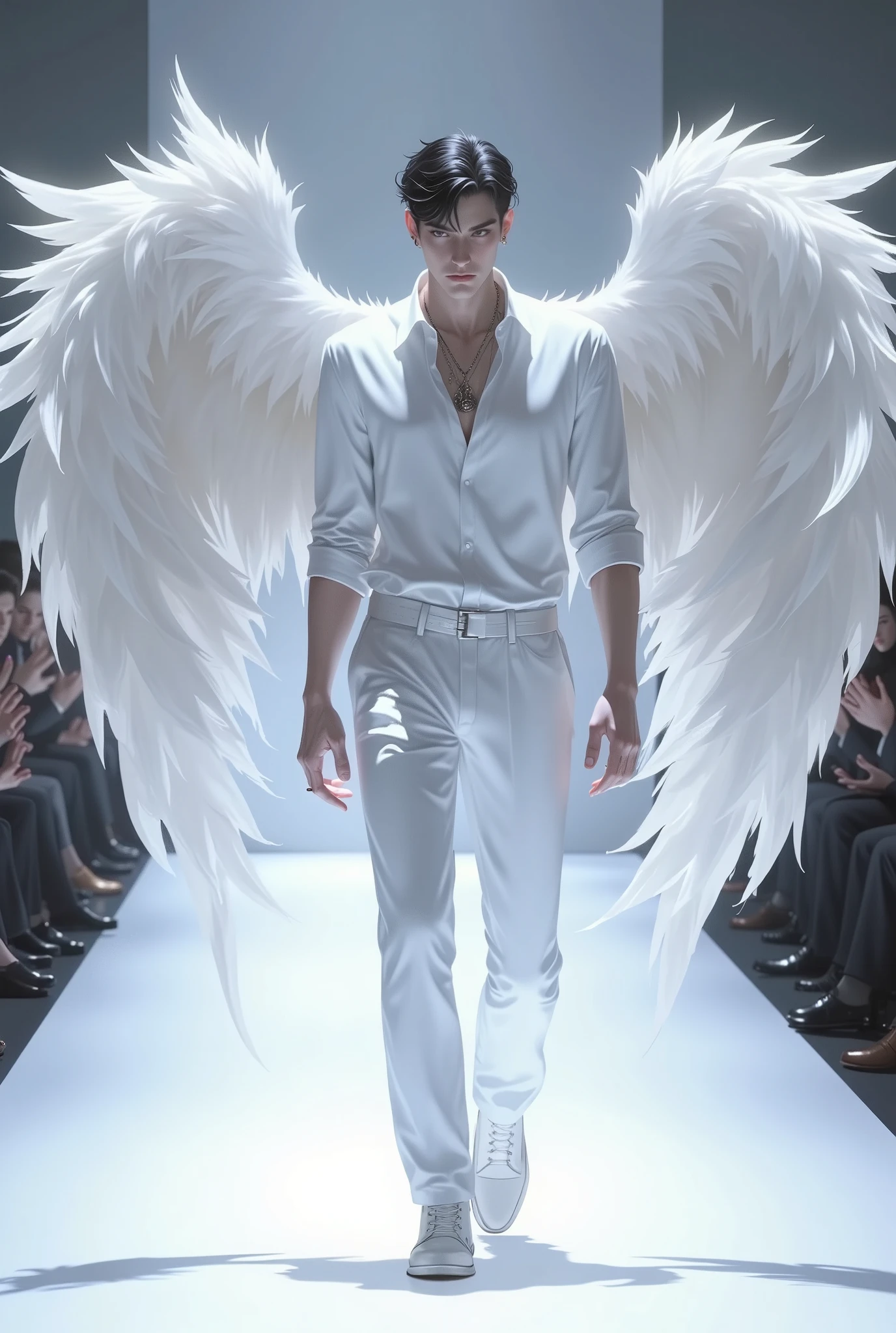 3D ANIMALS，A Victoria's Secret male model is on the catwalk，white shirt and pants，The back has very beautiful white wings ，Gorgeous wings，Very gorgeous