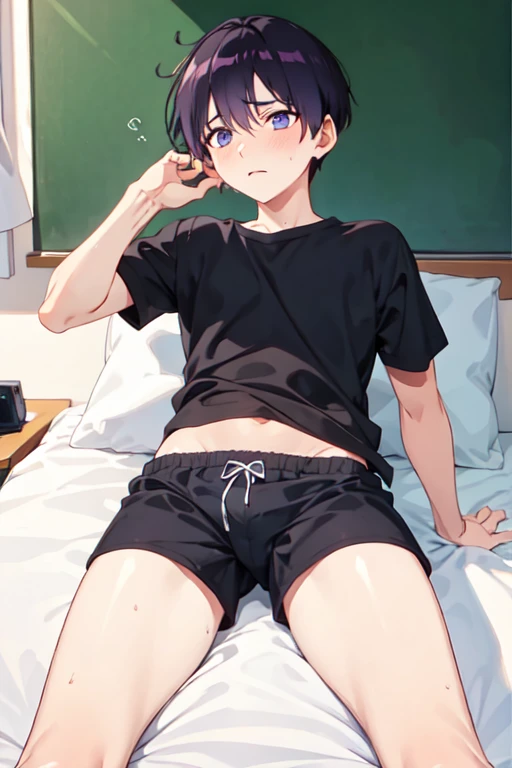 １４age　 one boy　 in underwear　 shorts　 lies down　Anxious expression