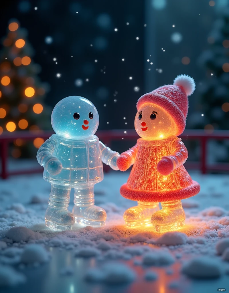  Two cute anthropomorphic ice cubes  (One ice cube dressed up as a boy , another ice cube dressed as a girl )  doing an ice skating performance at the ice rink , Other little ice cubes cheer them up in the fridge.