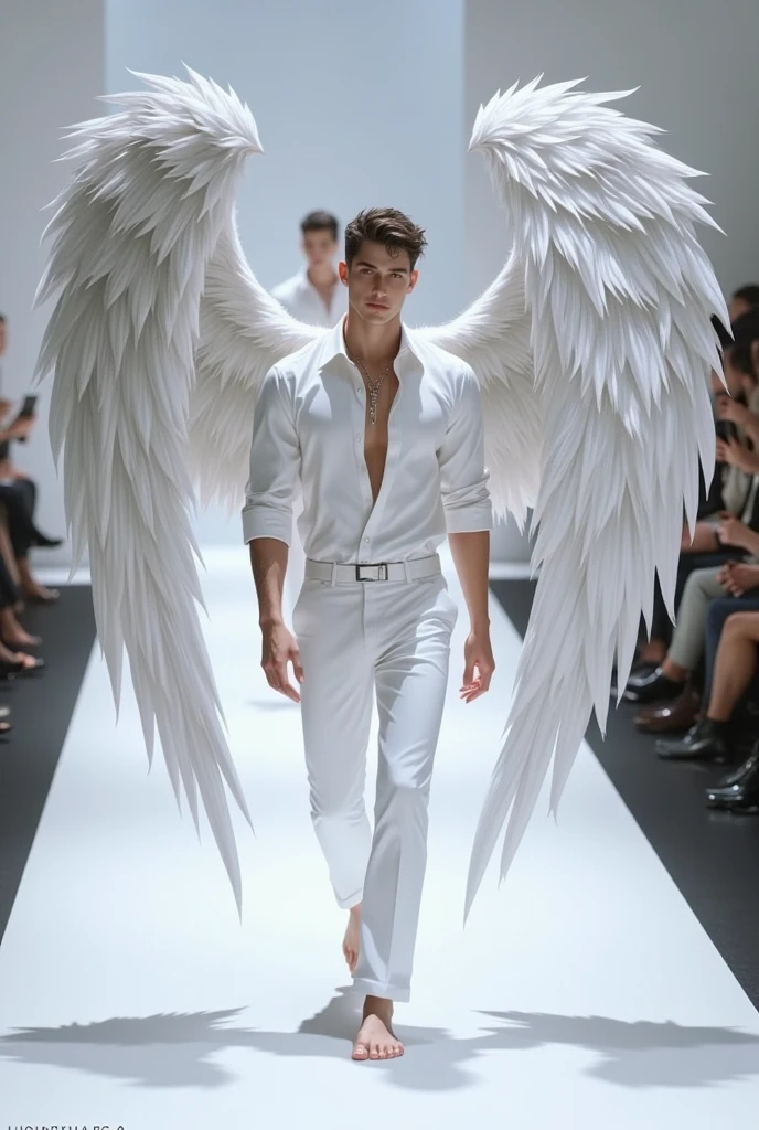 3D ANIMALS， A Victoria's Secret male model is on the catwalk，white shirt and pants，The back has very beautiful wings，Gorgeous wings，Very gorgeous