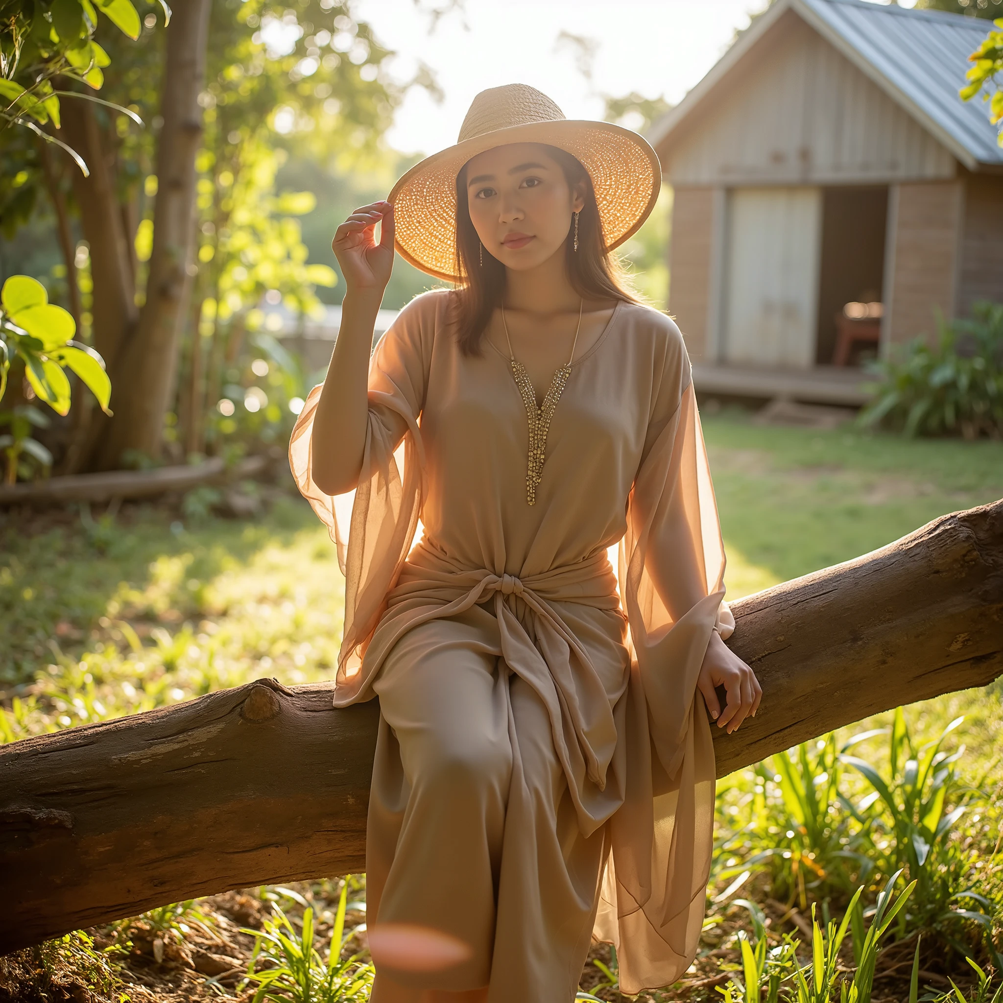 A serene woman seated gracefully on a fallen tree in an outdoor rustic setting, wearing traditional Thai attire with soft earth-tones. She is holding a woven straw hat to shield herself from the golden sunlight, which filters through the trees and creates a dreamy, hazy atmosphere. The scene captures a sense of tranquility and natural beauty, complemented by delicate shadows and warm tones of a rural environment.