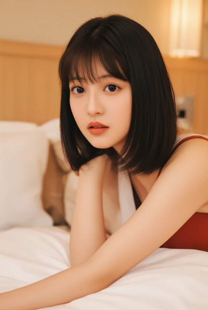 masterpiece,  top quality,  ultra detailed ,   high definition , Better lighting,  best shadows, extremely delicate and beautiful, Proper Shading,  high definition , 8k,  Raytracing ,  hotel room,  Full Photo, Alone, 1 female,  black hair,   on the bed,