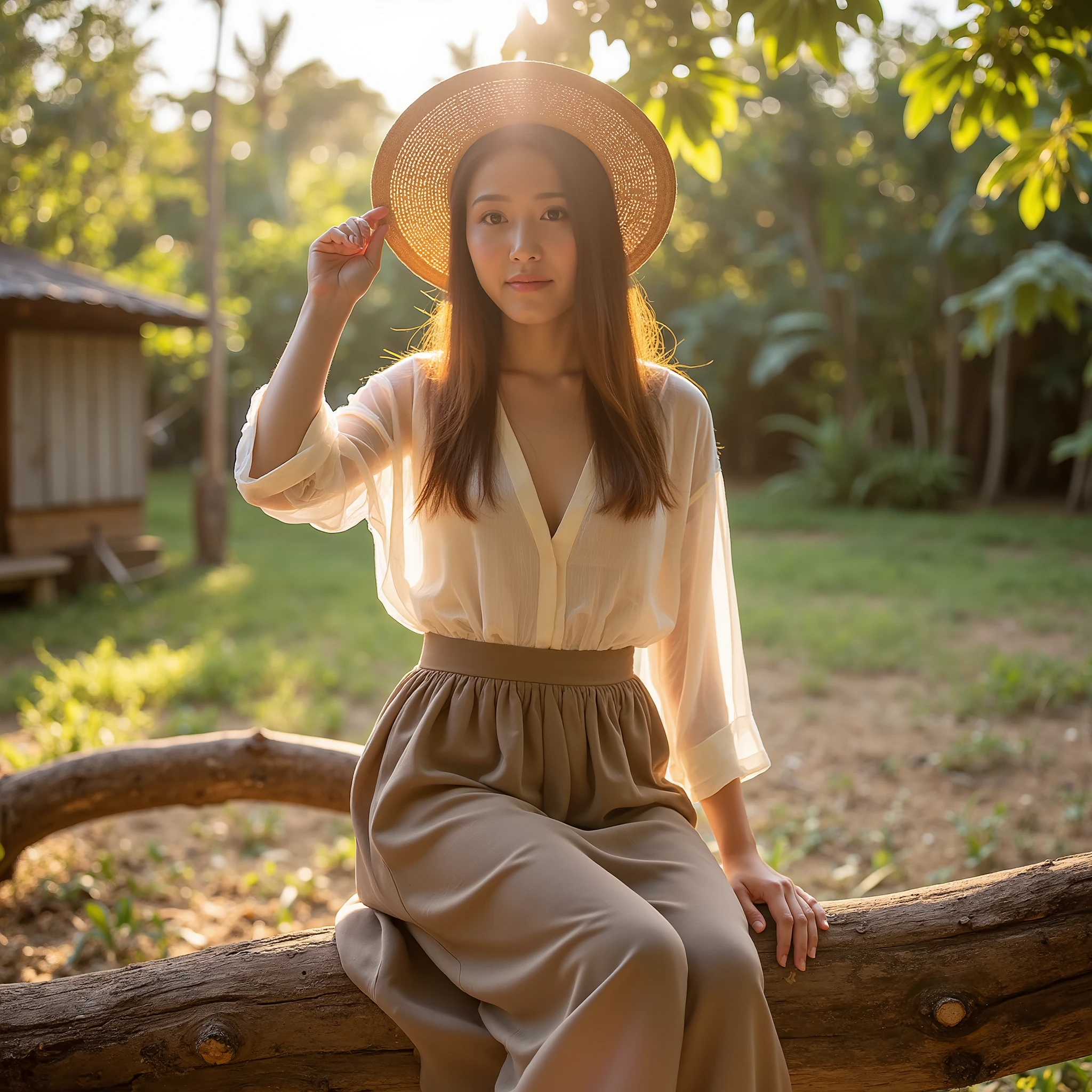 A serene woman seated gracefully on a fallen tree in an outdoor rustic setting, wearing traditional Thai attire with soft earth-tones. She is holding a woven straw hat to shield herself from the golden sunlight, which filters through the trees and creates a dreamy, hazy atmosphere. The scene captures a sense of tranquility and natural beauty, complemented by delicate shadows and warm tones of a rural environment.