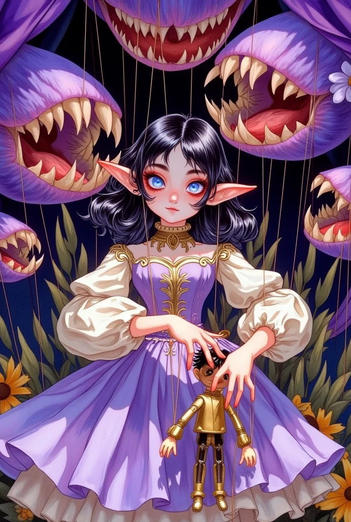 A elf girl with big eyes is wearing a roll's princess costume and playing with a marionette. With a a lot of dark purple gaping mouth of a man-eating flowers in the background, it creates a circus atmosphere.water color illustration, black-haired blue-eyed , strongly light-sensitive,in the style of WLOP 