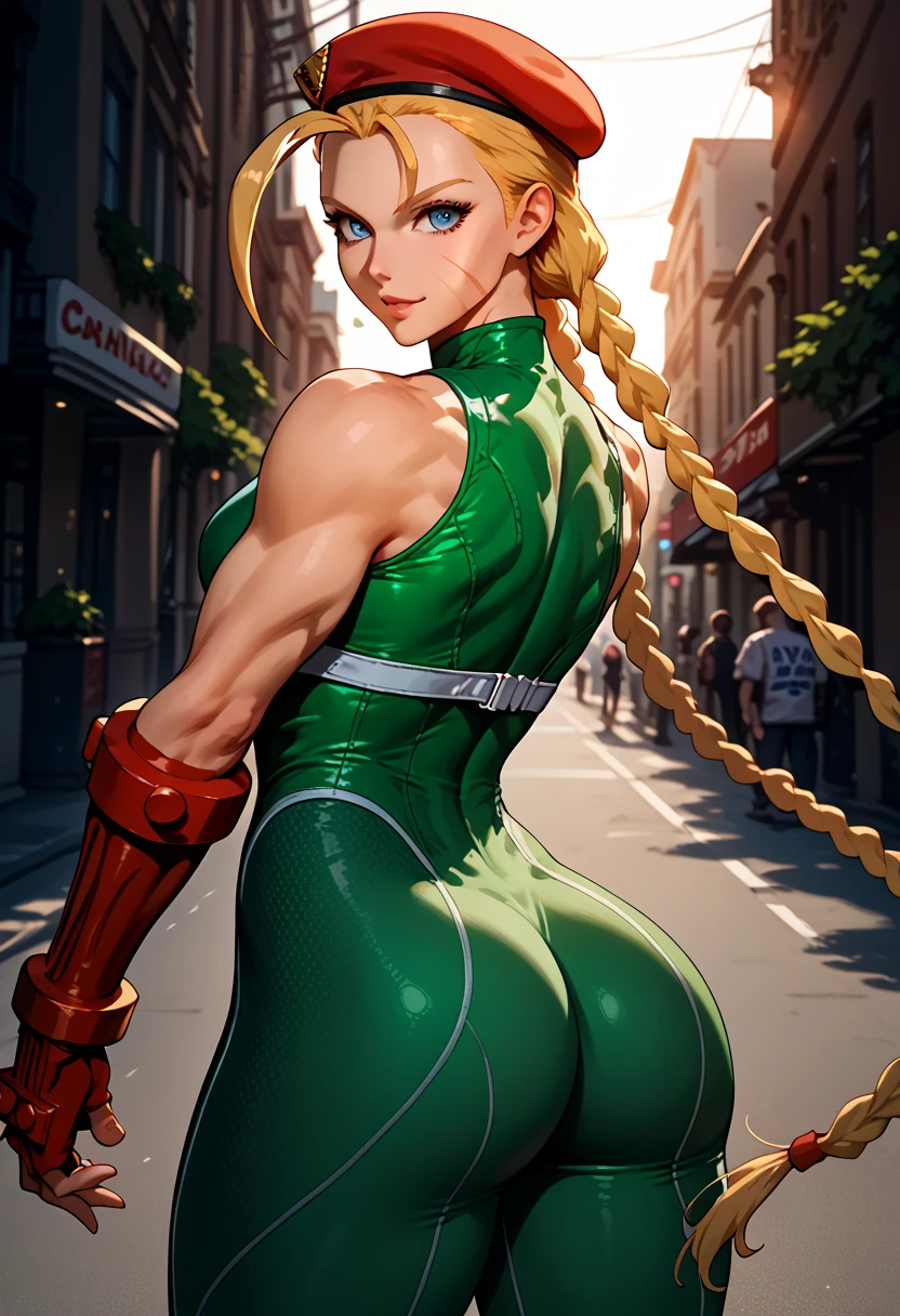 woman in sexy pose, looking at viewer, long yellow hair, intricate outfit, street, cammy, tight body, showing ass, dramatic lighting, cinematic composition, smiling, anime style