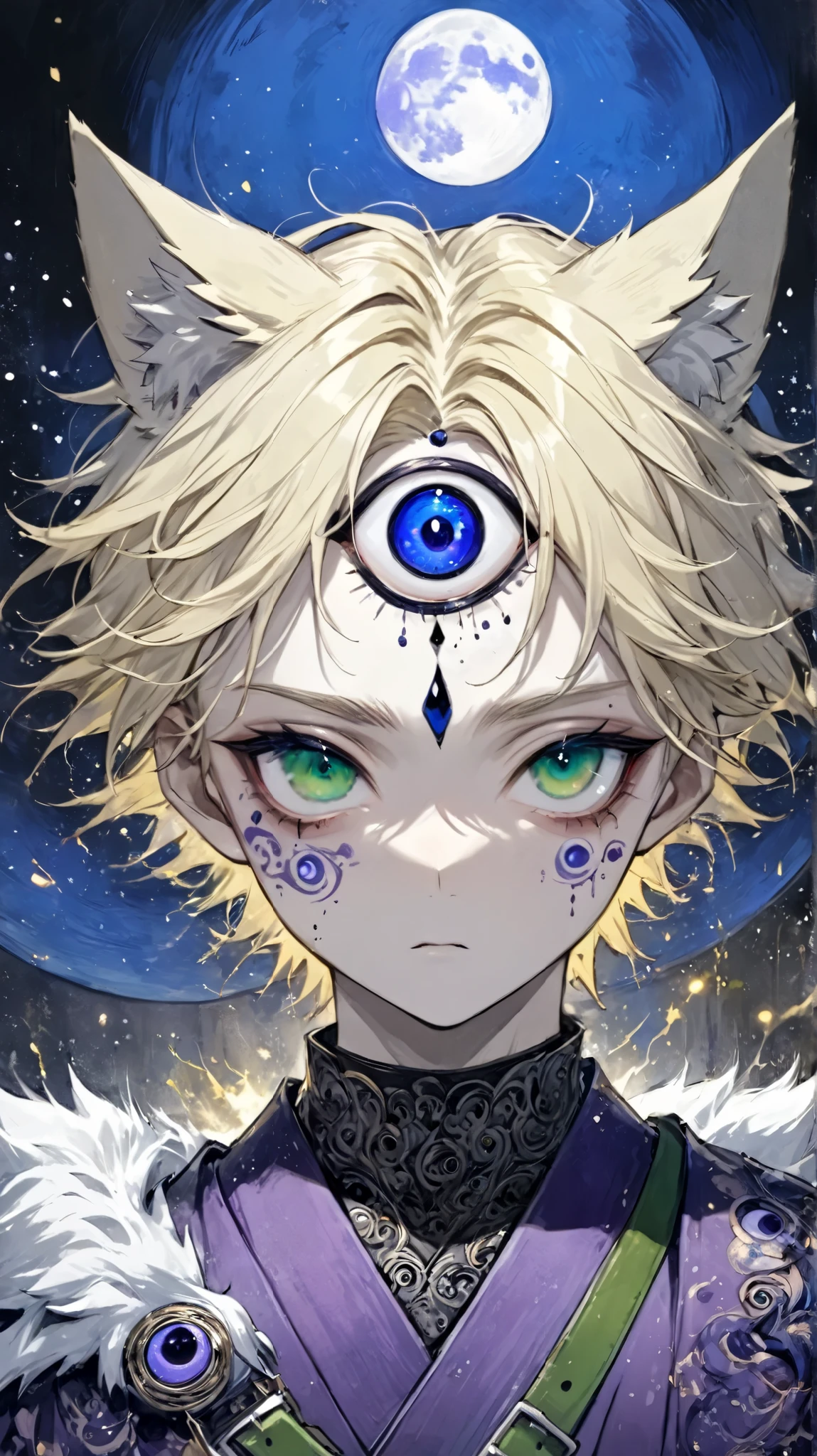 Japanese anime , Second dimension ,horror style , horror character ,((( One Boy with Three Eyes, Third eye on forehead :1.1.dark eyeshadow, short light yellow hair , white wolf ears ,))), ((( green eyes with golden sparks ))), ((( The blue moon is painted under the right eye))), (((purple kimono , eye drawing , dark pattern ))), ((( massive silver armor ))).((( thin waist,green belt :1.6))).(Style of Santiago Caruso,), Blurred black background with ink , One boy, (((huge blue moon in the background, snow )))