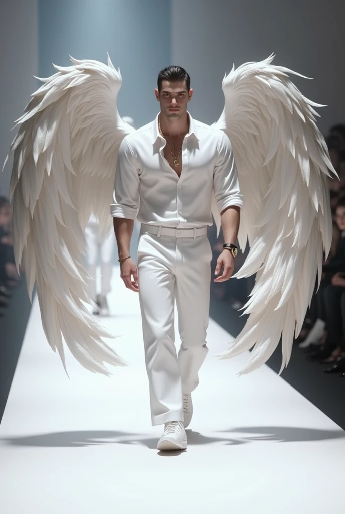 3D ANIMALS， A Victoria's Secret male model is on the catwalk，white shirt and pants，The back has very beautiful wings，Gorgeous wings，Very gorgeous，sideways：1.4，Strike a pose，