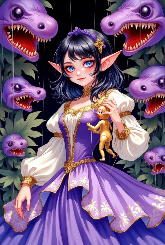 A elf girl with big eyes is wearing a roll's princess costume and playing with a marionette. With a a lot of dark purple gaping mouth of a man-eating flowers in the background, it creates a circus atmosphere.water color illustration, black-haired blue-eyed , strongly light-sensitive,in the style of WLOP 