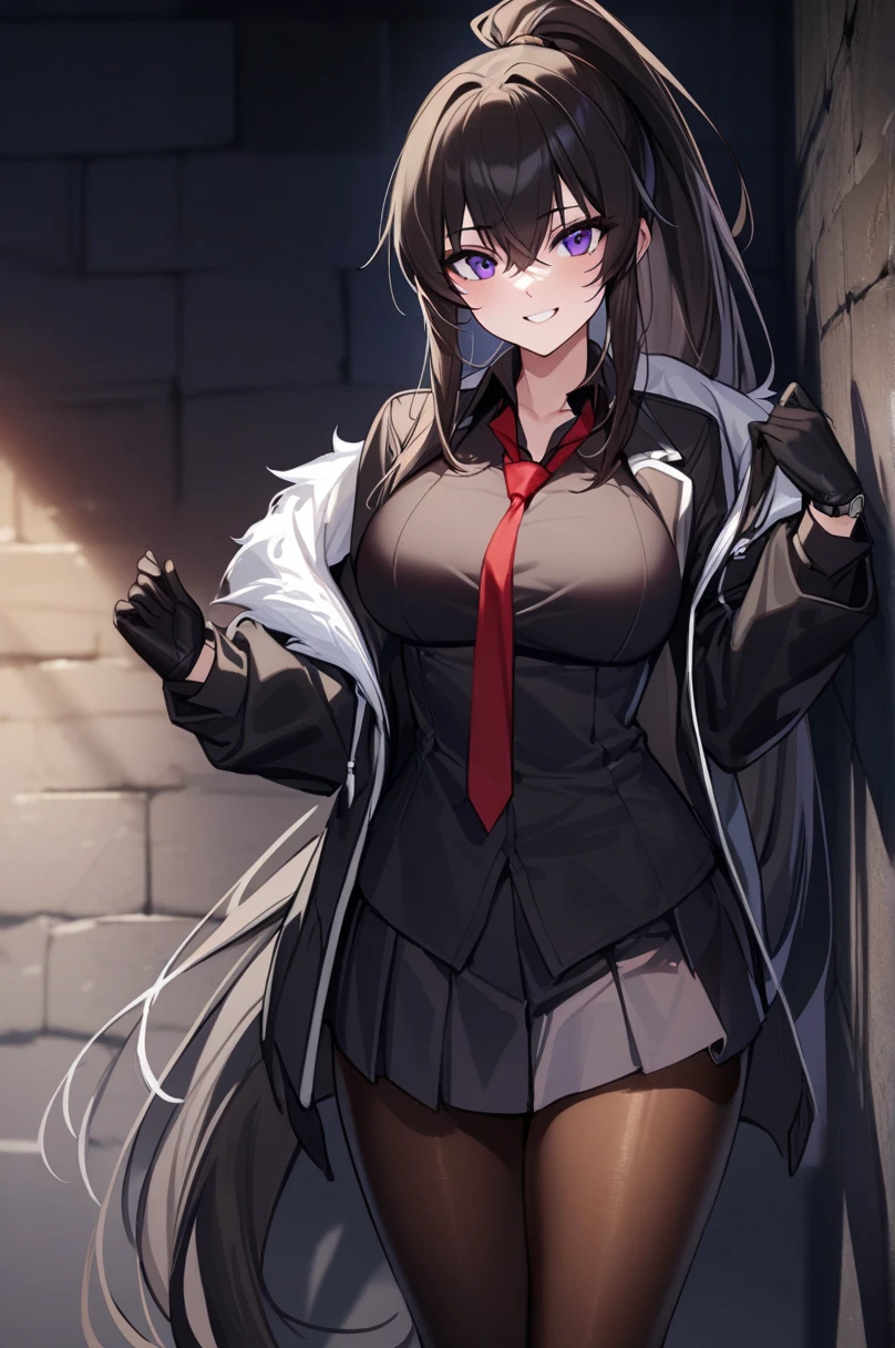 yoo_my, 1 girl, Alone, long hair, purple eyes, adult, adult face, fearless face, gloves, black gloves, ponytail, pleated skirt , white fur and open coat, shirt, red neck tie, pantyhose, lose shape, cowboy shot , very long hair, black jacket, Open the clothes, black shirt, Black shoes, lean against the wall , Dark Alley Background, looking at viewer, Put Your Hand on Your Lower Back , smile, (masterpiece),( top quality),( ultra detailed ),( Best Illustrations),( best shadows),( absurd),( Detailed Background ),( very beautiful ), (cinematic animation), 

