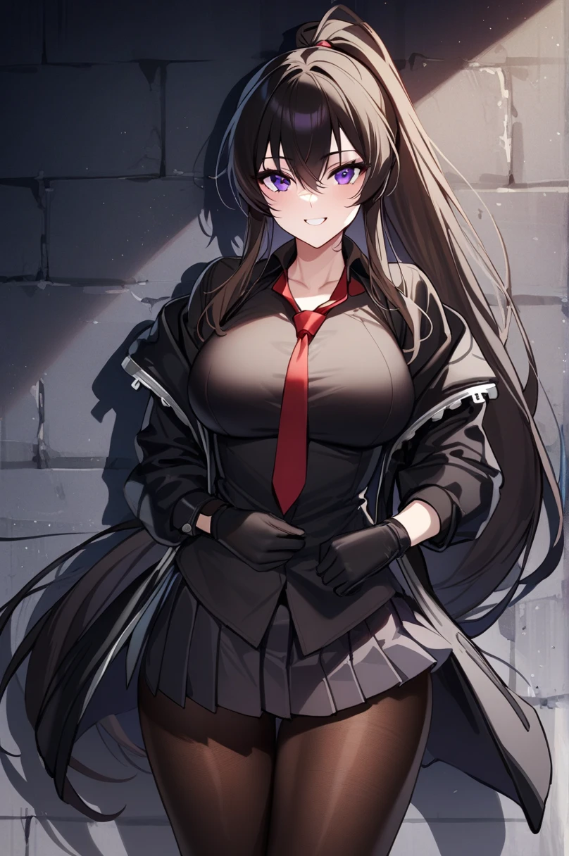 yoo_my, 1 girl, Alone, long hair, purple eyes, adult, adult face, fearless face, gloves, black gloves, ponytail, pleated skirt , white fur and open coat, shirt, red neck tie, pantyhose, lose shape, cowboy shot , very long hair, black jacket, Open the clothes, black shirt, Black shoes, lean against the wall , Dark Alley Background, looking at viewer, Put Your Hand on Your Lower Back , smile, (masterpiece),( top quality),( ultra detailed ),( Best Illustrations),( best shadows),( absurd),( Detailed Background ),( very beautiful ), (cinematic animation), 

