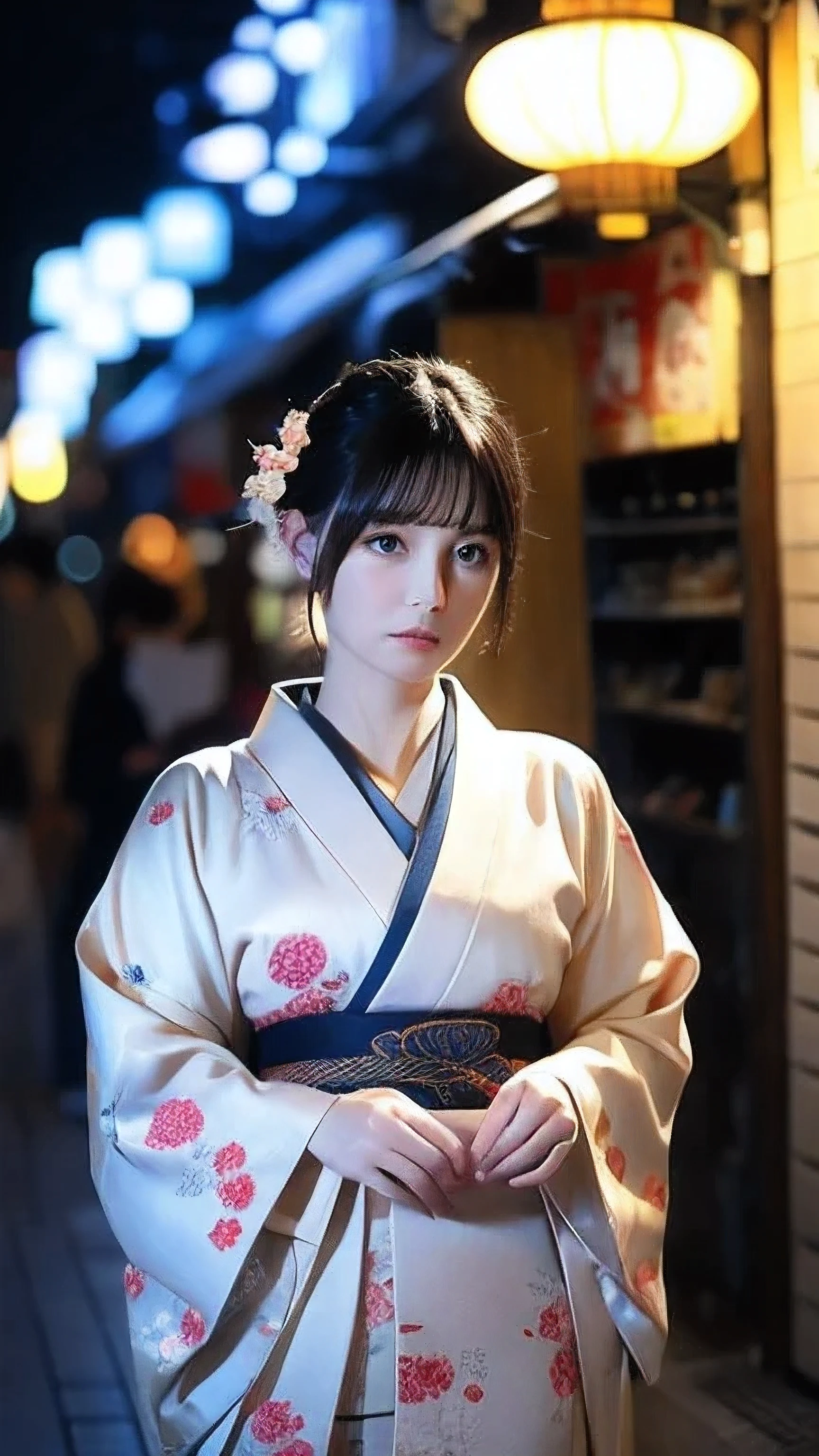   kimono、 grumpy expression、Japan、clear、 real、Japanese Garden、 backlit、 slim style、30-year-old female、dusk、Short black hair、sexy、whitish  kimono 、 bright lighting effect、 small tits、Looking down、Mature Woman