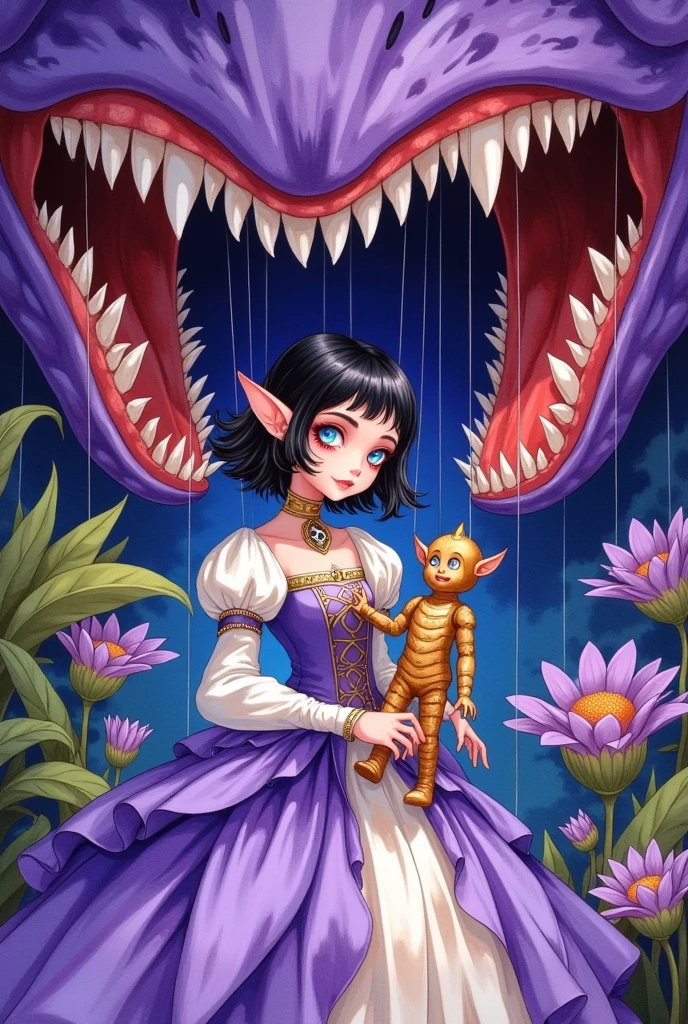 A elf girl with big eyes is wearing a roll's princess costume and playing with a marionette. With a a lot of dark purple gaping mouth of a man-eating flowers in the background, it creates a circus atmosphere.water color illustration, black-haired blue-eyed , strongly light-sensitive,in the style of WLOP 