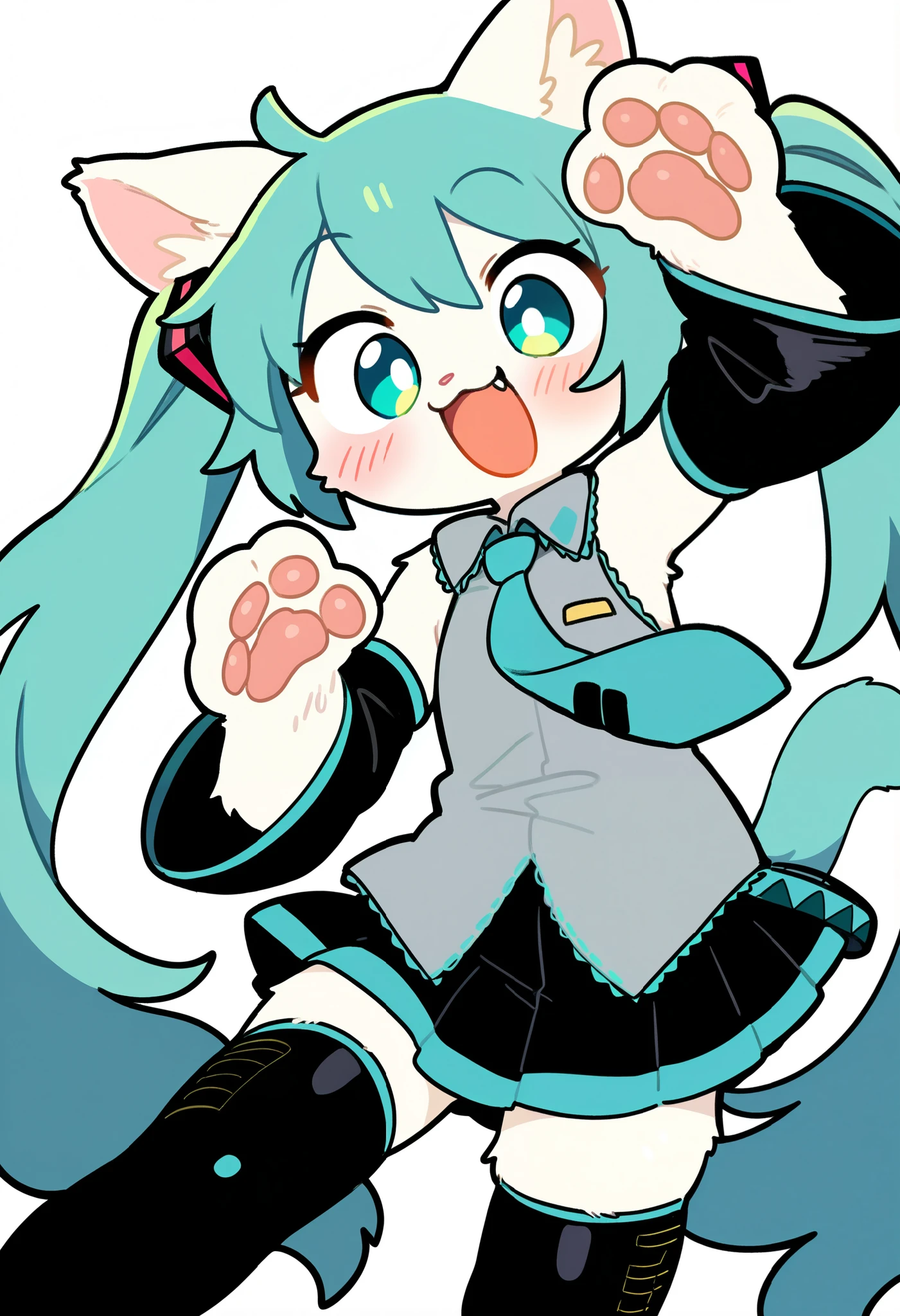 score_9, score_8_up, score_7_up, score_6_up, score_5_up, score_4_up, source_anime, (khyle.:0.3),(ixy:0.3),(akai sashimi:0.5),(opossumachine:0.5), 1girl, solo, long hair, looking at viewer, blush, smile, open mouth, skirt, simple background, thighhighs, white background, animal ears, twintails, very long hair, tail, pleated skirt, detached sleeves, necktie, sleeveless, fang, black thighhighs, cat ears, black skirt, aqua eyes, cat tail, animal ear fluff, aqua hair, :3, cat girl, grey shirt, furry, animal hands, furry female, body fur, white fur, aqua necktie, pawpads, furrification, hatsune miku, masterpiece, best quality