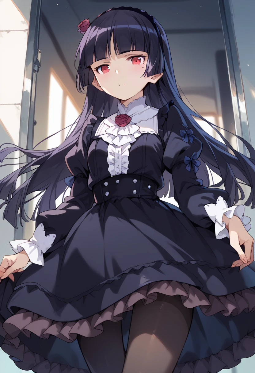 masterpiece, high definition , top quality,8k
(ruri gokou,long hair,black hair,pantyhose,mole under eye,hime cut)
(red eyes,dress,pantyhose,black dress,frills, puffy sleeves,long sleeves,hairband)