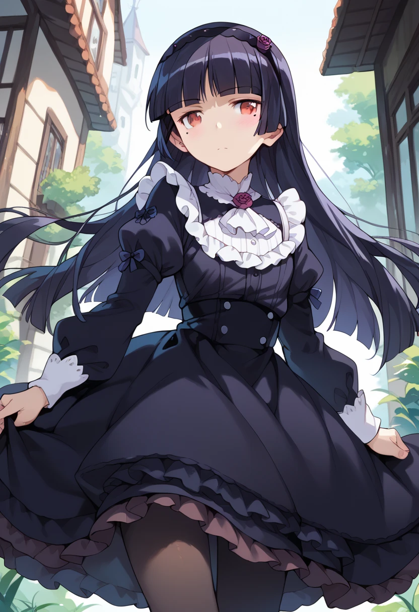 masterpiece, high definition , top quality,8k
(ruri gokou,long hair,black hair,pantyhose,mole under eye,hime cut)
(red eyes,dress,pantyhose,black dress,frills, puffy sleeves,long sleeves,hairband)