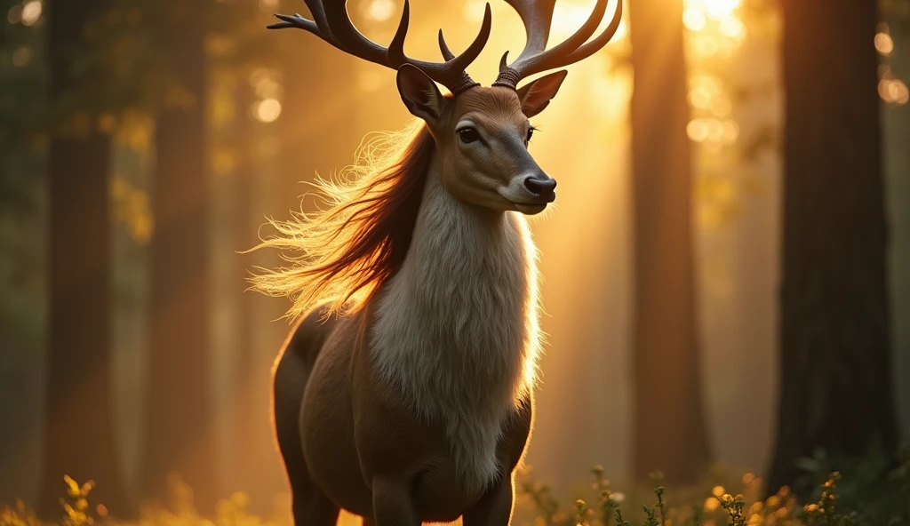 Large animal, with a mane, with branched horns, with powerful paws, thin tail with a fluffy tip, looks like a cross between a deer and a horse