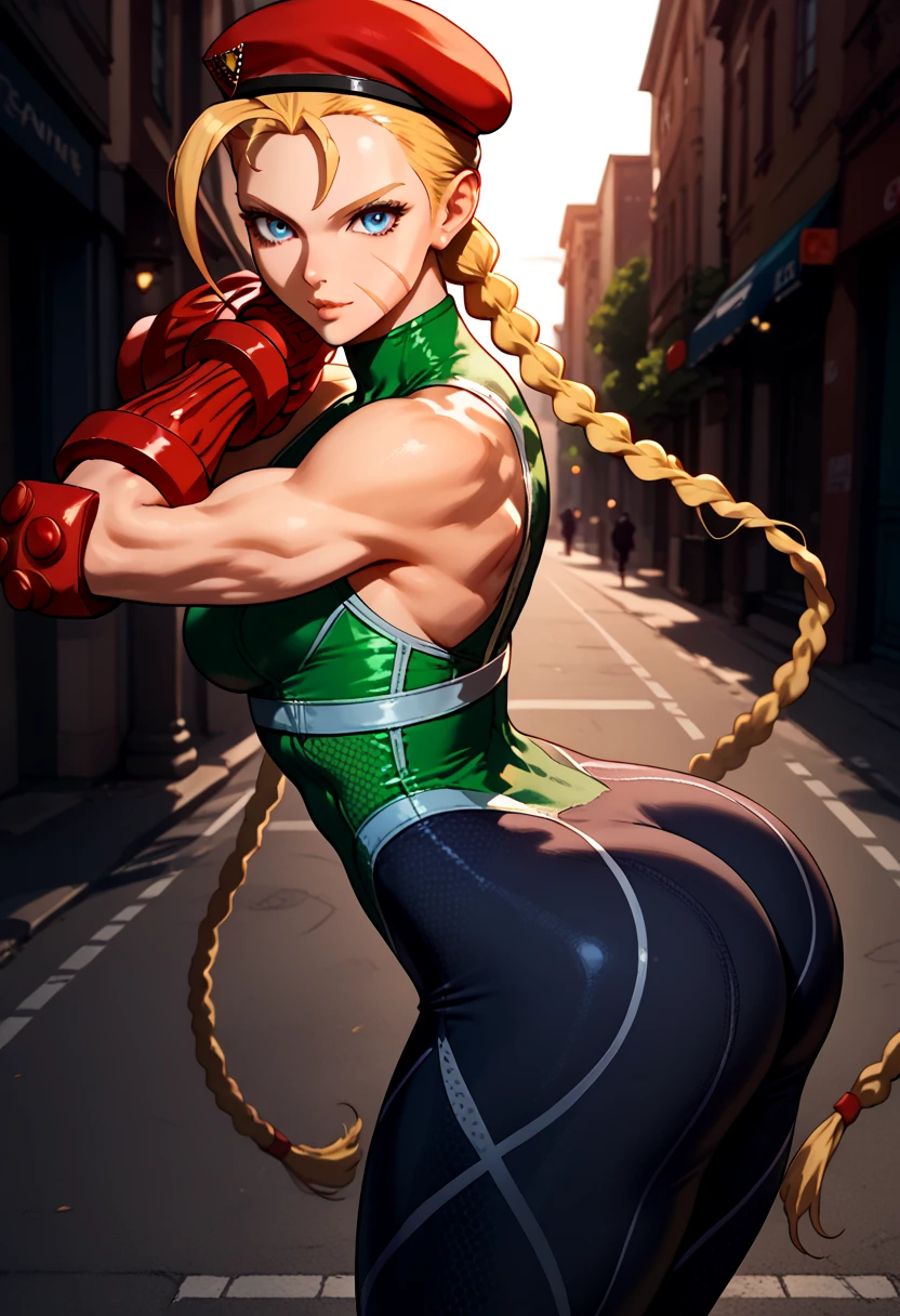 woman in sexy pose, looking at viewer, long yellow hair, intricate outfit, street, cammy, tight body, showing ass, dramatic lighting, cinematic composition, smiling, anime style