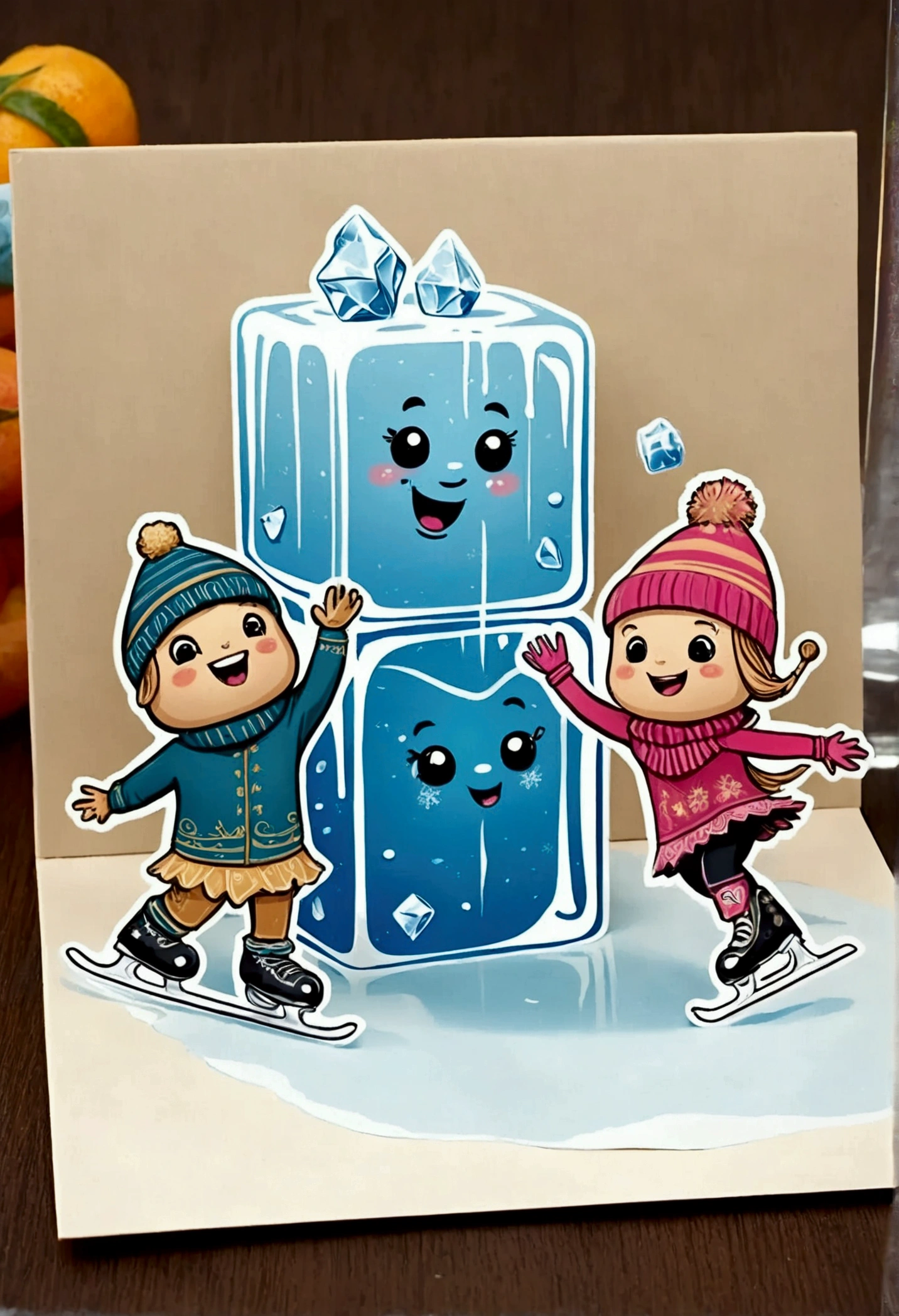  Two cute anthropomorphic ice cubes  (One ice cube dressed up as a boy , another ice cube dressed as a girl )  doing an ice skating performance at the ice rink , Other little ice cubes cheer them up in the fridge. ,Cardboard art engraving