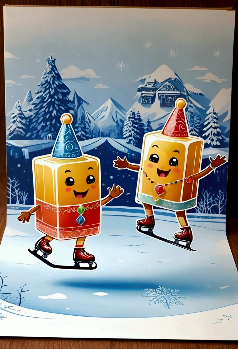  Two cute anthropomorphic ice cubes  (One ice cube dressed up as a boy , another ice cube dressed as a girl )  doing an ice skating performance at the ice rink , Other little ice cubes cheer them up in the fridge. ,Cardboard art engraving