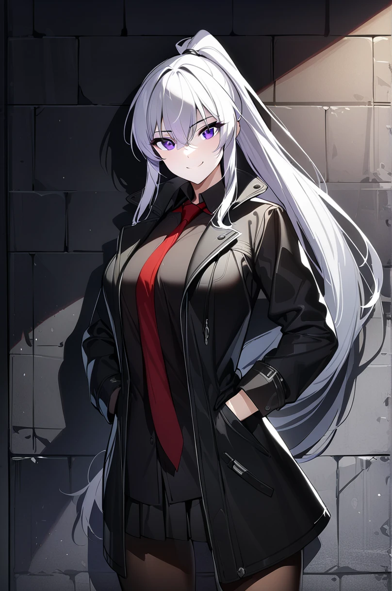 yoo_my, 1 girl, Alone, long hair, purple eyes, adult, adult face, fearless face, gloves, black gloves, ponytail, pleated skirt , white fur and open coat, shirt, red neck tie, pantyhose, lose shape, cowboy shot , very long hair, black jacket, Open the clothes, black shirt, Black shoes, lean against the wall , Dark Alley Background, looking at viewer, Put Your Hand on Your Lower Back , smile, (masterpiece),( top quality),( ultra detailed ),( Best Illustrations),( best shadows),( absurd),( Detailed Background ),( very beautiful ), (cinematic animation),

