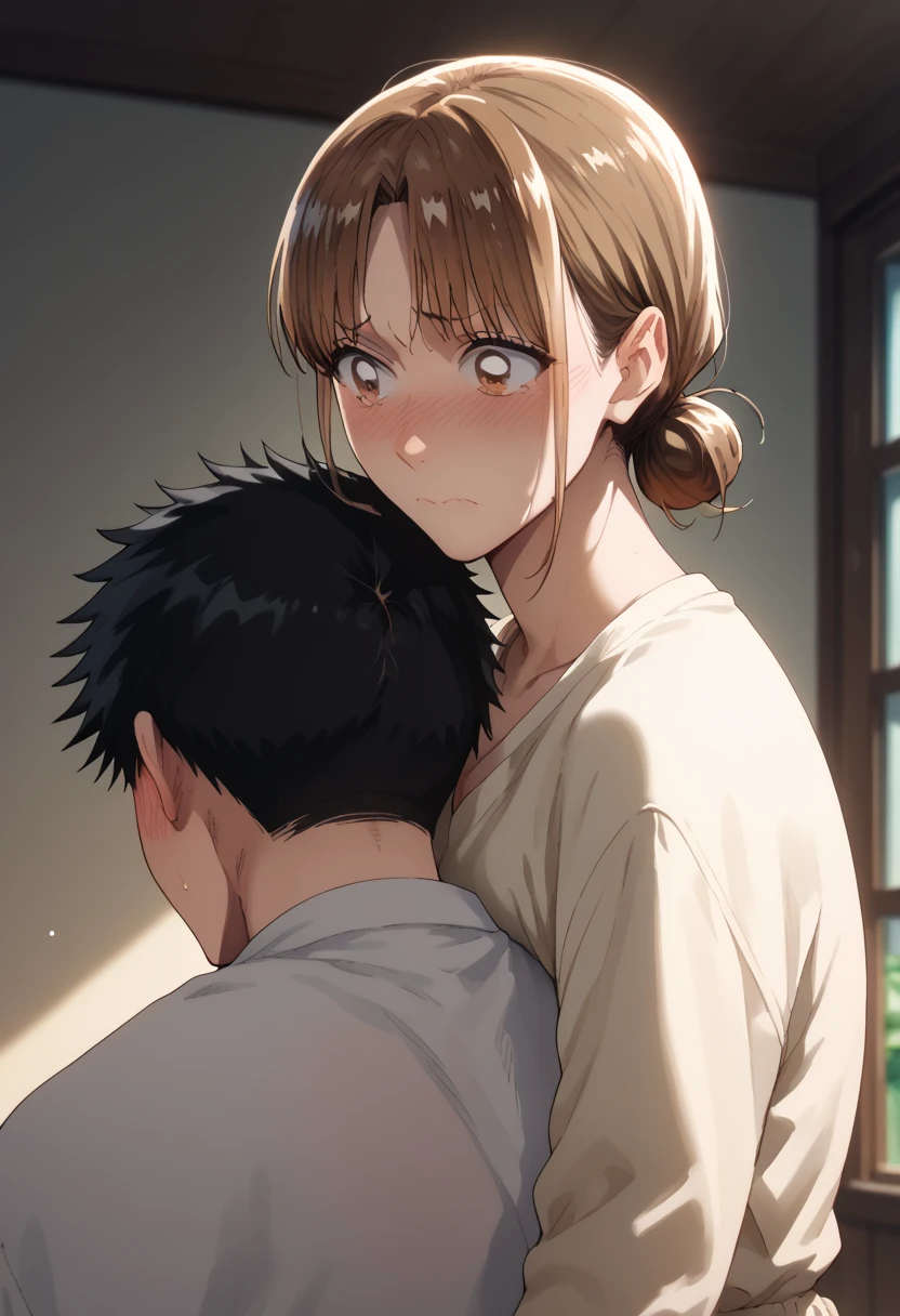 (Chinatsu Kano), ((( 1 woman with brown hair ), embarrassed face)), man and woman,((1 man with black hair ),A man puts his chest in close contact with a woman's back),A man hugs her from behind