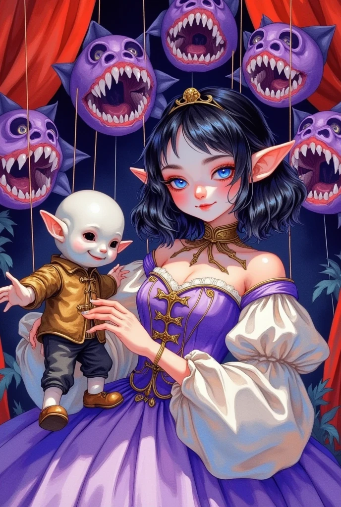 A elf girl with big eyes is wearing a roll's princess costume and playing with a marionette. With a a lot of dark purple gaping mouth of a man-eating flowers in the background, it creates a circus atmosphere.water color illustration, black-haired blue-eyed , strongly light-sensitive,in the style of WLOP 