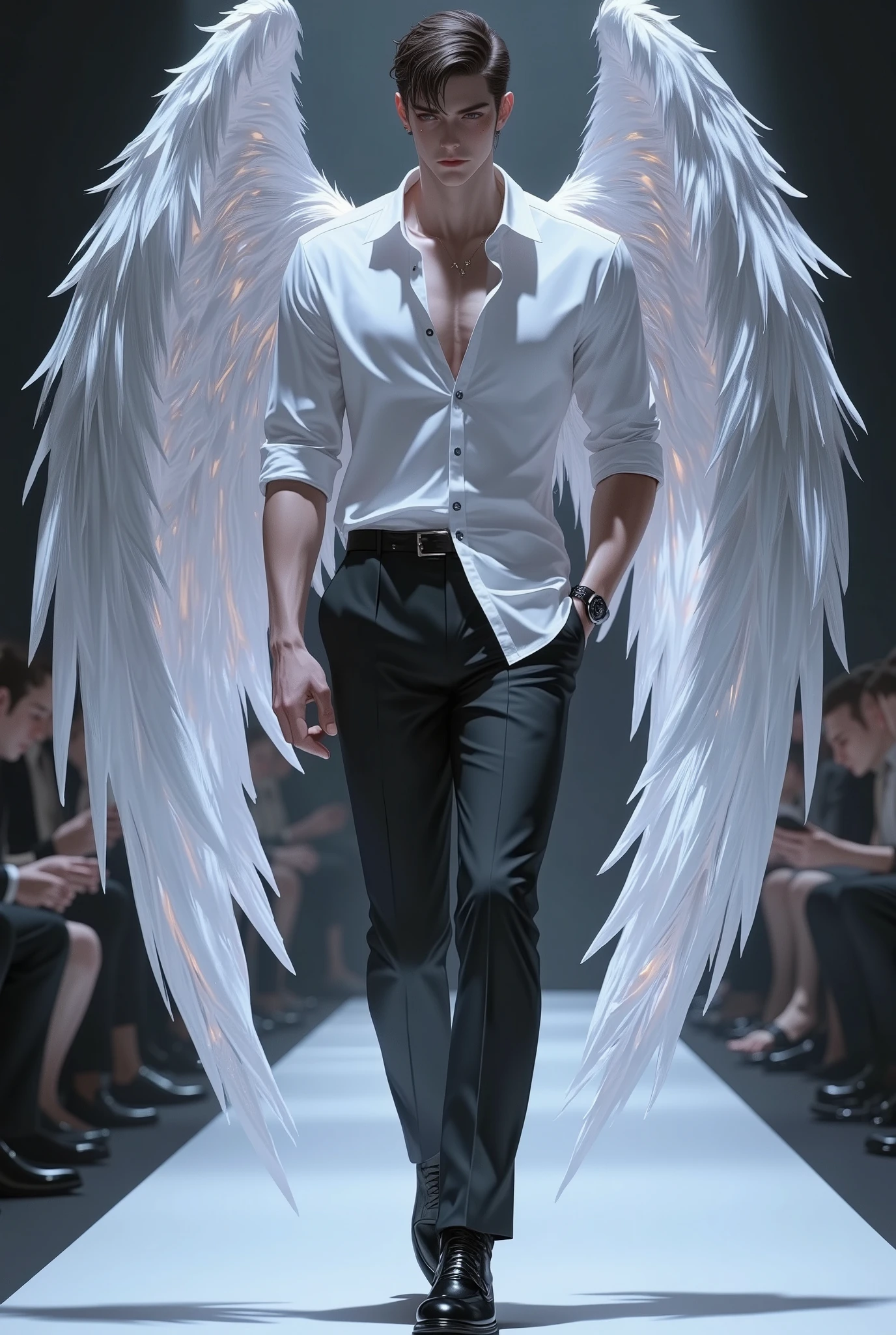 3D ANIMALS，A Victoria's Secret male model is on the catwalk，shirt and pants，The back has very beautiful wings，Gorgeous wings，Very gorgeous，sideways：1.4，Strike a pose，