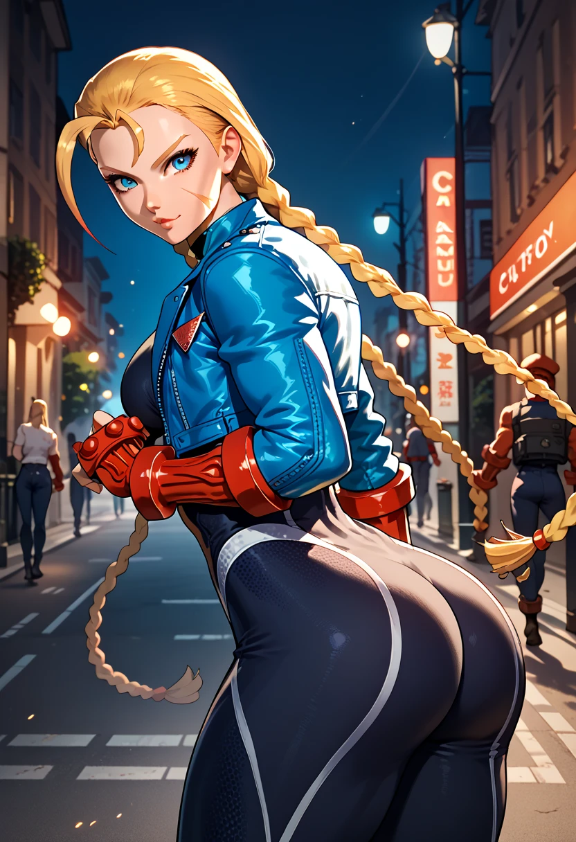 woman in sexy pose, looking at viewer, long yellow hair, intricate outfit, street, cammy, tight body, showing ass, dramatic lighting, cinematic composition, smiling, anime style, short blue jacket