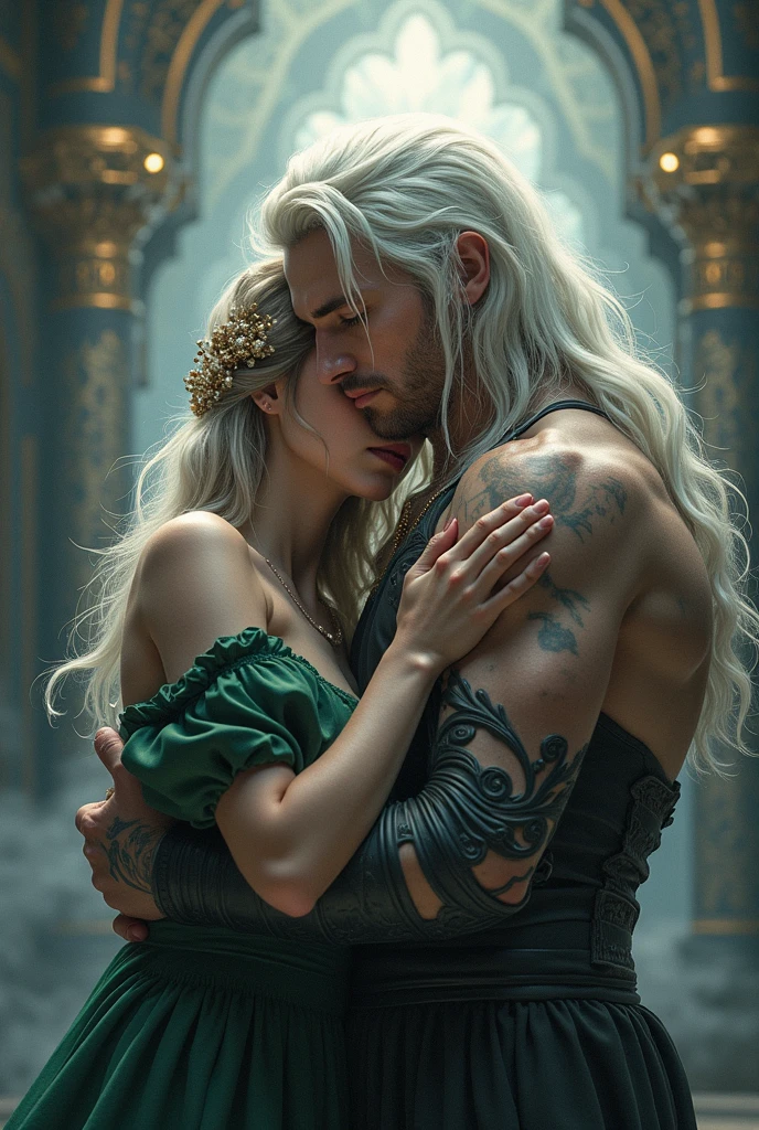 make a young girl low with long white hair, purple eyes, very pale white skin, very beautiful and sexy, half naked, in a mwdieval room from the middle ages, next to him a very tall man, purple eyes and pearly white hair with pale white skin, they are in a sexy intimate moment