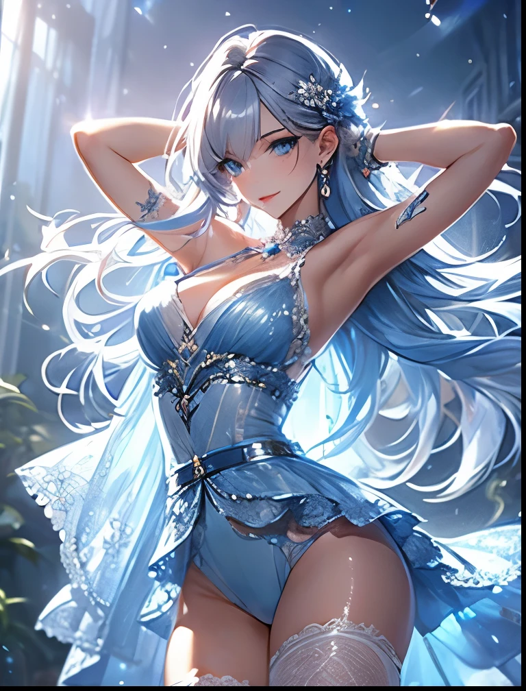 (((SFW、Precision、Highest quality、A first-class masterpiece、Normal body、8k、 Detailed Face 、Ultra-precision、 Normal hand、5refer to、Highest)))、Pretty, beautiful silver-haired girl、Beautiful blue eyes、 slender 、Long, slender legs、open sheer sheer miniskirt、An ultra-thin kimono with a wide chest、 cleavage、Armpit exposure、Light blue belt 、 glamorous thick thigh 、Clear silver amefruits 、racy high leg panties