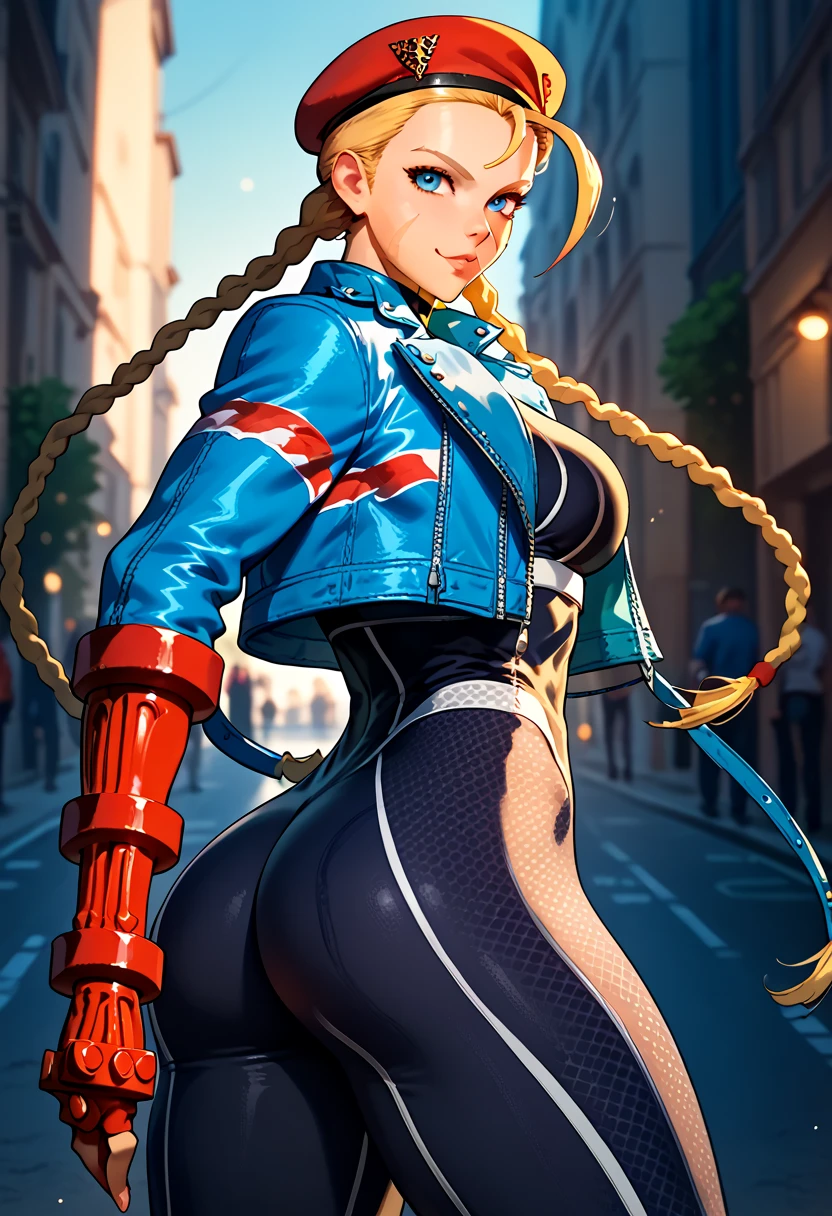 woman in sexy pose, looking at viewer, long yellow hair, intricate outfit, street, cammy, tight body, showing ass, dramatic lighting, cinematic composition, smiling, anime style, short blue jacket