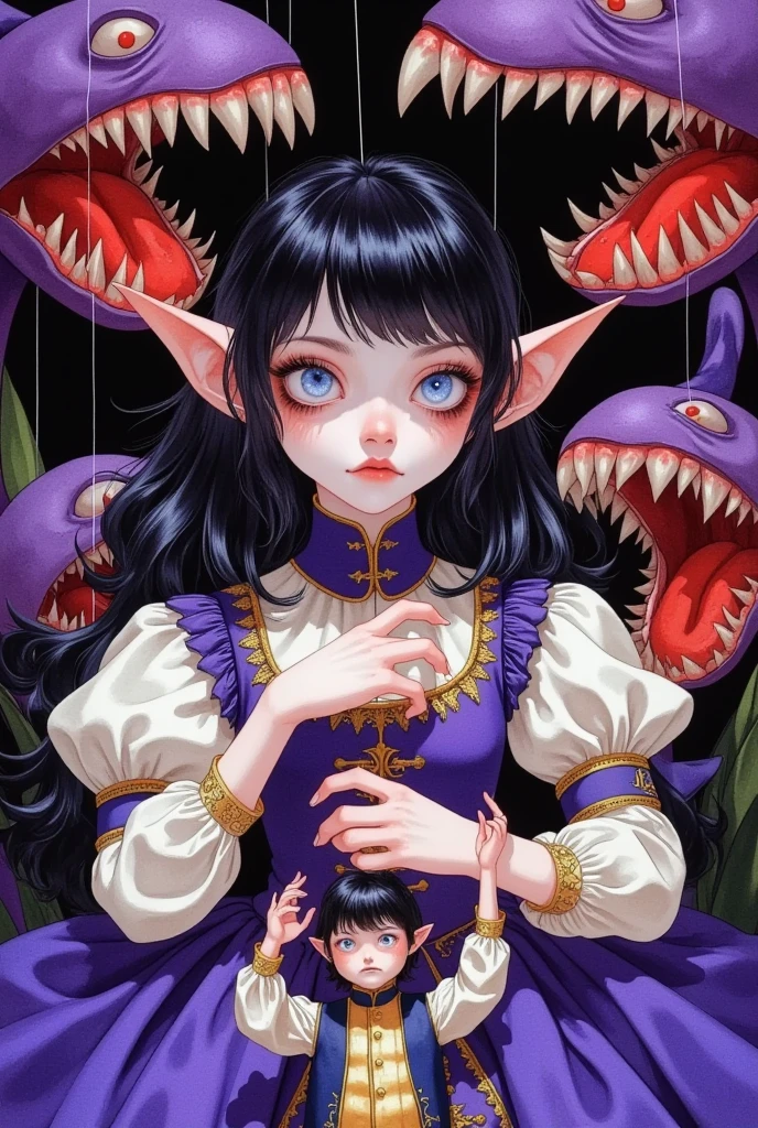 A elf girl with big eyes is wearing a roll's princess costume and playing with a marionette. With a a lot of dark purple gaping mouth of a man-eating flowers in the background, it creates a circus atmosphere.water color illustration, black-haired blue-eyed , strongly light-sensitive,in the style of WLOP 