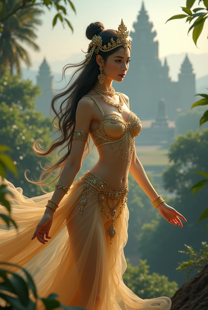 Create an ultra-realistic image of an Apsara, the celestial nymph of Hindu and Buddhist mythology, exuding unparalleled beauty and sensuality. The Apsara is depicted as a mesmerizing figure, with flawless, radiant skin that glows softly under the light. Her body is slender and perfectly proportioned, with graceful curves that embody femininity and allure. She has a small waist that accentuates her hourglass figure, and her posture is elegant, with every movement reflecting her divine grace.
Her long, flowing hair is jet black, cascading in soft waves down her back, almost touching the ground. Her eyes are large and almond-shaped, with a deep, captivating gaze that seems to hold the secrets of the universe. The eyes are a rich brown, with hints of gold that flicker in the light, adding to her otherworldly charm. Her lips are full and naturally rosy, slightly parted in a seductive smile that promises both mystery and enchantment.
The Apsara is dressed in delicate, flowing garments made of sheer, shimmering fabrics that clings to her body, revealing her smooth skin and highlighting her sensual curves. The fabric is adorned with intricate gold patterns, reflecting the light and adding to her ethereal presence. She is adorned with elaborate jewelry, including golden bangles, anklets, and a tiara that crowns her head, each piece finely crafted and sparkling with gemstones.
She dances gracefully in a celestial garden, surrounded by blooming lotus flowers and a backdrop of cascading waterfalls. Her movements are fluid and hypnotic, as if she is one with the rhythm of the universe. The scene exudes an atmosphere of divine beauty, allure, and irresistible seduction, capturing the essence of an Apsara in all her heavenly splendor
