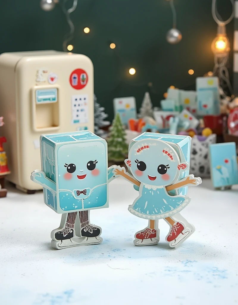  Two cute anthropomorphic ice cubes  (One ice cube dressed up as a boy , another ice cube dressed as a girl )  doing an ice skating performance at the ice rink , Other little ice cubes cheer them up in the fridge. ,Cardboard art engraving