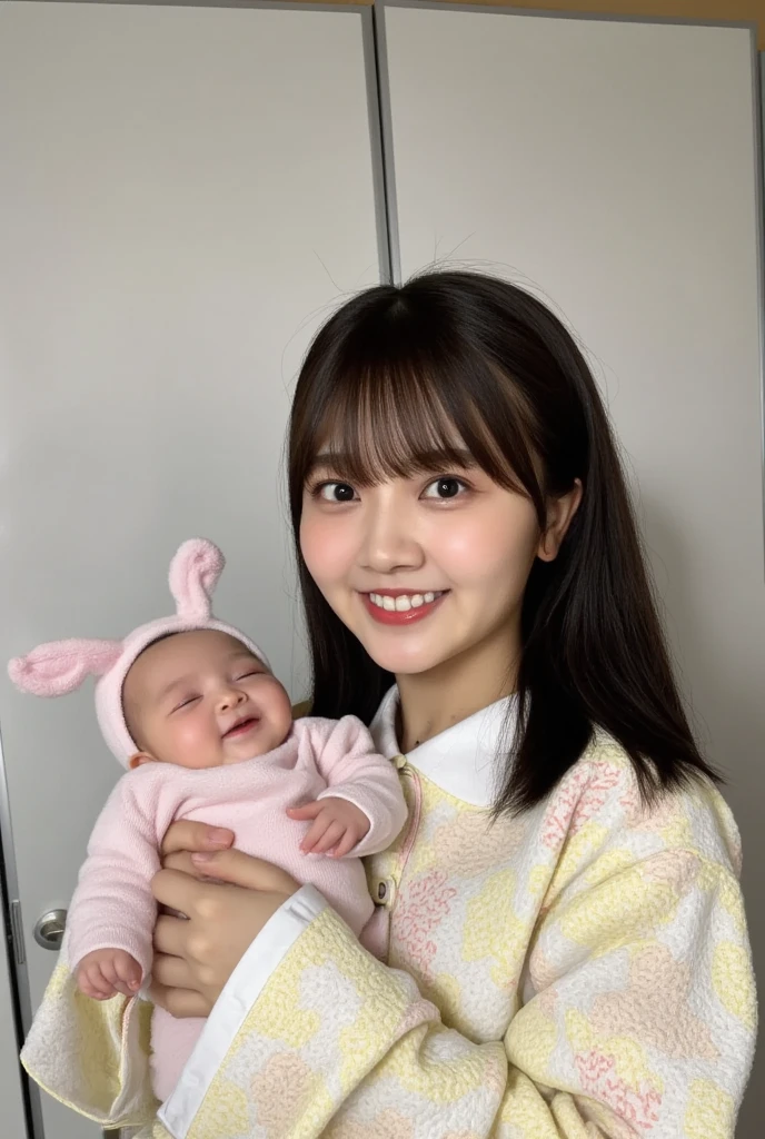 She's a babysitter ,masterpiece, 4K, Bokeh, (Cute:1.5), ( beautiful girl:1.3), ( Japanese idol :1.6), ( rabbit ear :1.3) , ( Cute Dress :1.3), ( I love babies :1.6),  blushed,  cowboy shot , ( holds a cute sleeping baby :1.5), (smile:1.3), (The background is the living room  :1.4),

