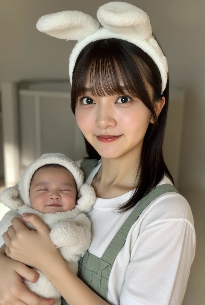 She's a babysitter ,masterpiece, 4K, Bokeh, (Cute:1.5), ( beautiful girl:1.3), ( Japanese idol :1.6), ( rabbit ear :1.3) , ( Cute Dress :1.3), ( I love babies :1.6),  blushed,  cowboy shot , ( holds a cute sleeping baby :1.5), (smile:1.3), (The background is the living room  :1.4),

