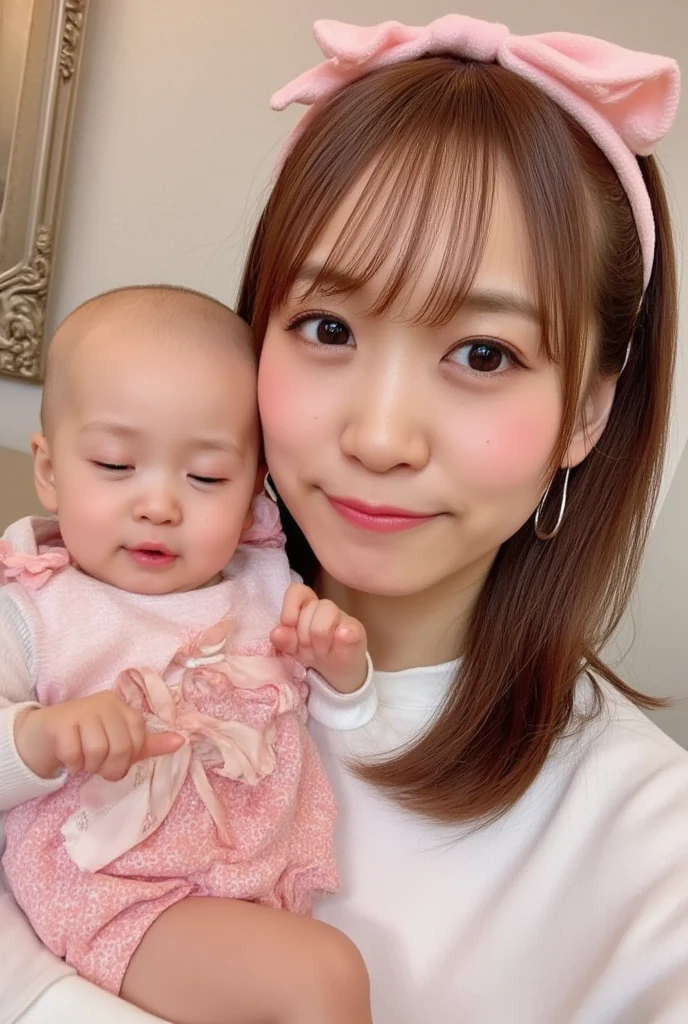 She's a babysitter ,masterpiece, 4K, Bokeh, (Cute:1.5), ( beautiful girl:1.3), ( Japanese idol :1.6), ( rabbit ear :1.3) , ( Cute Dress :1.3), ( I love babies :1.6),  blushed,  cowboy shot , ( holds a cute sleeping baby :1.5), (smile:1.3), (The background is the living room  :1.4),
