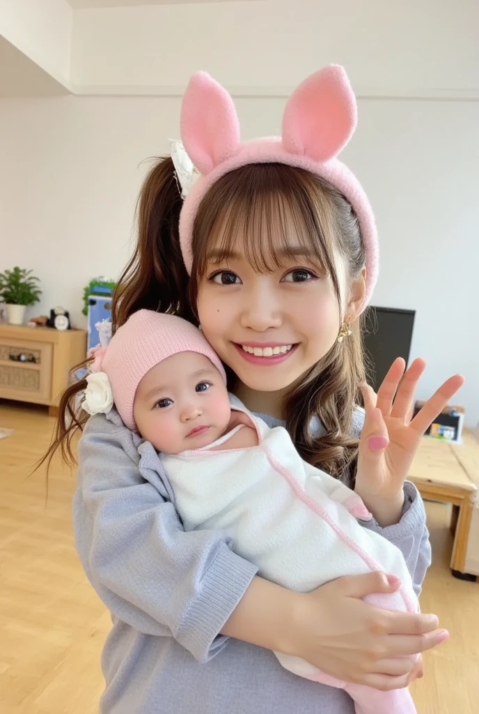 She's a babysitter ,masterpiece, 4K, Bokeh, (Cute:1.5), ( beautiful girl:1.3), ( Japanese idol :1.6), ( rabbit ear :1.3) , ( Cute Dress :1.3), ( I love babies :1.6),  blushed,  cowboy shot , ( holds a cute sleeping baby :1.5), (smile:1.3), (The background is the living room  :1.4),
