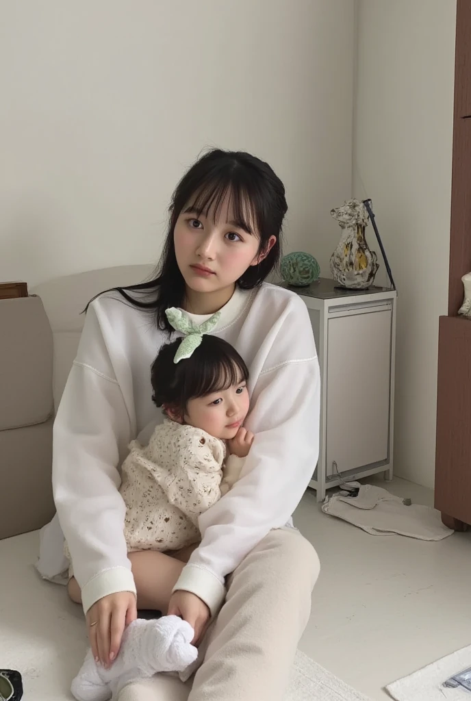 She's a babysitter ,masterpiece, 4K, Bokeh, (Cute:1.5), ( beautiful girl:1.3), ( Japanese idol :1.6), ( rabbit ear :1.3) , ( Cute Dress :1.3), ( I love babies :1.6),  blushed,  cowboy shot , ( hold a cute sleeping baby :1.5), (smile:1.3), (The background is the living room  :1.4),
