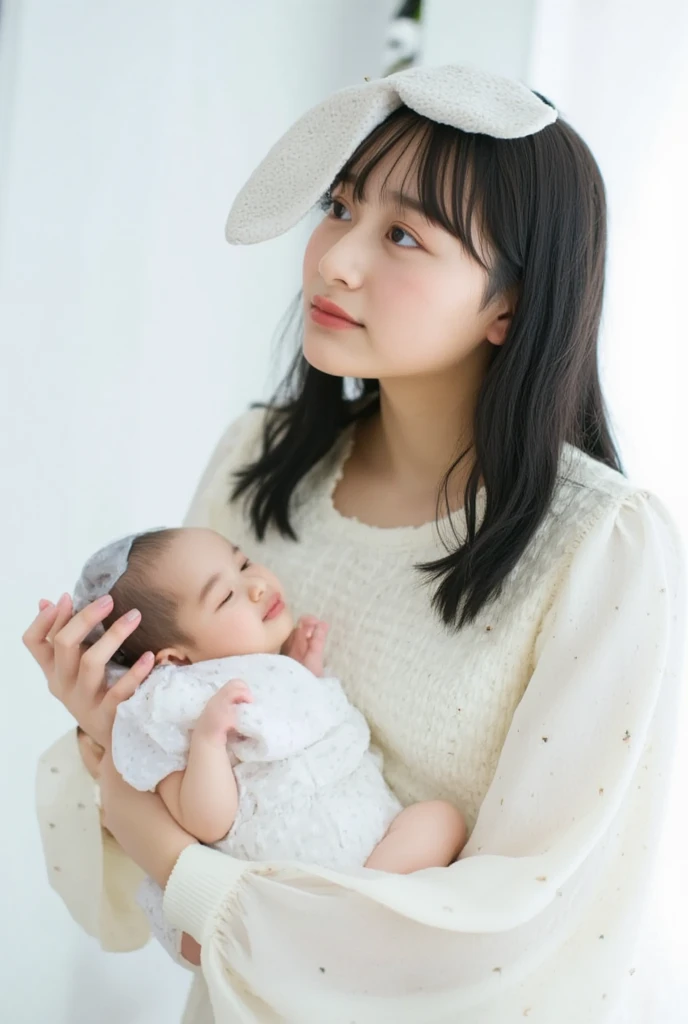 She's a babysitter ,masterpiece, 4K, Bokeh, (Cute:1.5), ( beautiful girl:1.3), ( Japanese idol :1.6), ( rabbit ear :1.3) , ( Cute Dress :1.3), ( I love babies :1.6),  blushed,  cowboy shot , ( hold a cute sleeping baby :1.5), (smile:1.3), (The background is the living room  :1.4),
