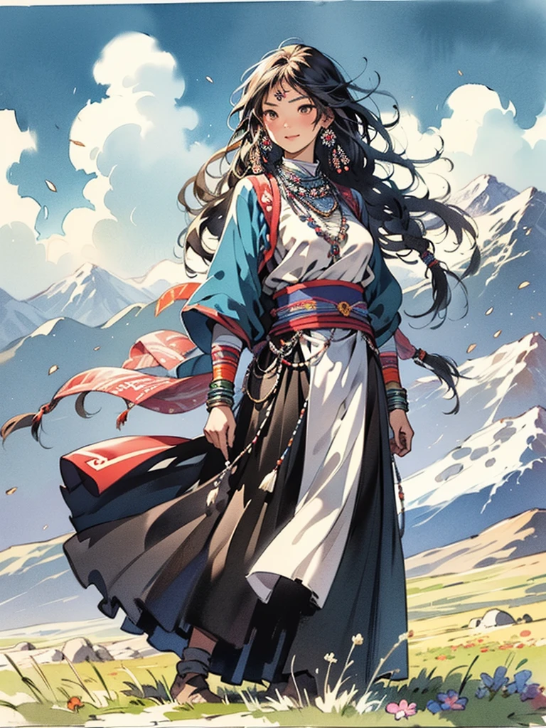 masterpiece, Best Quality ,1 Girl,  Smile, Full body nymphomaniac, ((Tibetan)), Tibetan服饰, Front view,  dancing, prairie, sunset, sun, wind, Fluttering , Mountain,Yak