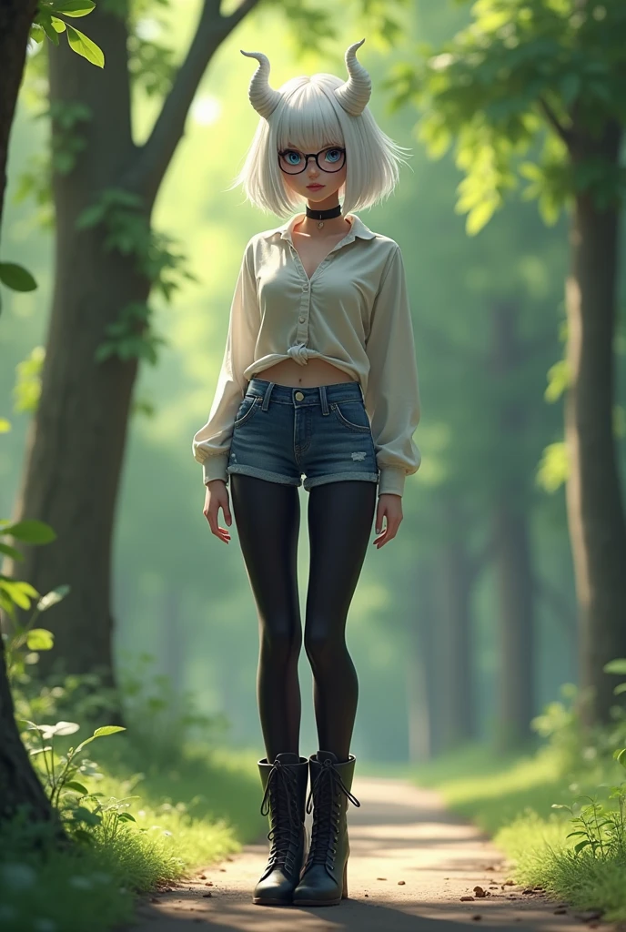 Park, black tights, denim shorts ,  high-heeled boots , white hair, blue eyes,  Beautiful ,  in detail , shirt ,little white horns , short stature ,unusual beauty ,adult,glasses