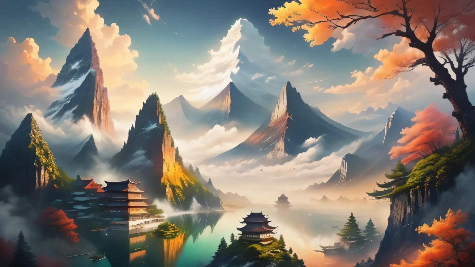 Beautiful lake and mountain color painting ，There is a bridge in the painting, Ross Chen. scenic backgrounds, Anime Landscape wallpaper,  Beautiful peaceful scene in anime, Background Artwork,  Beautiful wallpaper ,  A beautiful artwork illustration,  landscape artwork , 精美的Anime Landscape,  Animated Background Art , Amazing wallpapers, Anime Landscape, Fine Art UHD 4K , Landscape Wallpaper, Beautiful digital painting,  Beautiful digital art 