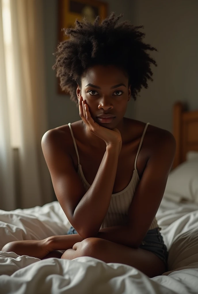 A black woman with muscular arms, wearing afro, bringing your hands to your head, feeling very hot, your armpits are sweaty and wet, she is sitting on a bedroom bed, alone.