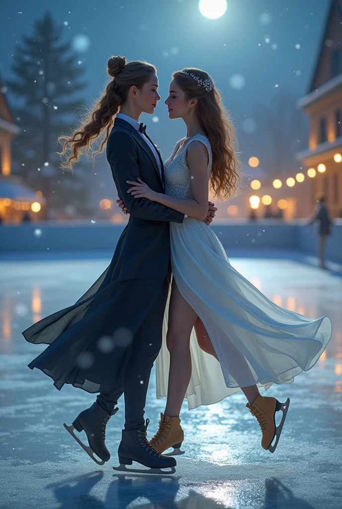 ((Masterpiece, top quality, high resolution, highly detailed CG unified 8K wallpaper)), (huge stunning goddess shot, very hot and sexy, jaw-dropping beauty, perfect proportions, beautiful body, slim body beauty:1.3), (dynamic pose, dynamic composition), Ice dancing, outdoor skating rink at night, two women dancing on ice, one in dress and one in suit, both wearing skates, hands on the other's shoulders and hips, looking at each other as they dance, close-up on their expressions, night lighting, backlight, snow falling,