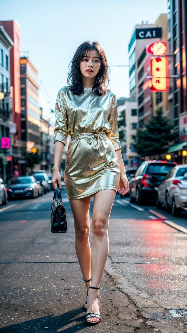 a beautiful young Japanese woman, 24 years old, with healthy thighs, beautiful legs, flawless skin, random hair color and hairstyle, large breasts, a hostess wearing a hostess dress, high heels, (she is standing:1.2), full body shot, holding a purse in one hand, on a busy city street at night, (best quality,4k,8k,highres,masterpiece:1.3),(extremely detailed:1.2),detailed anatomy,photorealistic,vibrant colors, dramatic lighting