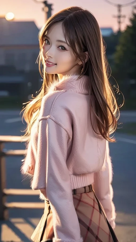 (cowboy shot), from front, looking at viewer, nsfw, 
1 woman, gal, slender, shiny skin, happy smile, 
(middle hair:1.3, (two side up:1.2)), dark red hair ribbon, 
((white fur jacket, pink sweater, burberry check mini skirt)), 
(((beautiful scenery), evening)), (street), standing, 
shiny pink cheeks, glossy pink lips, pink eyeshadow, Dark eyeliner, Dark mascara, 
Blurred Background, Fantastic, Epic Scale, 
(best quality), (high quality), (masterpiece), (4k, 8k, raw photo), (Highly Detailed Face and Skin Texture), 
(Very elegant and beautiful, Perfect detail, Super detailed), Beautifully detailed whole body, Depth of written boundary, 
