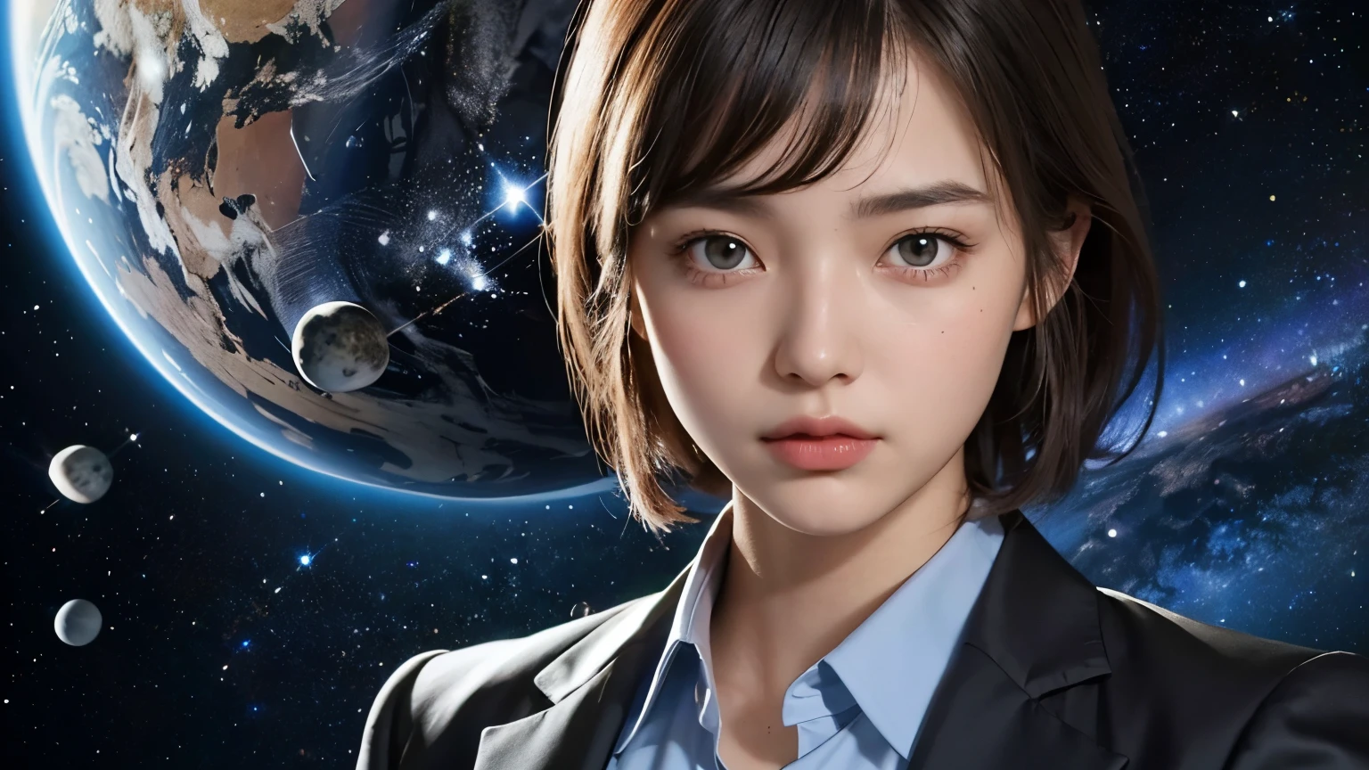Anime girl in a white coat standing in front of a planet, Official Artwork, Gospel illustrations, honest shinka, Official Art, Portrait Anime Astronaut Girl, modern Sci-fi anime, honest shinkai ( Apex Legends ), Official Anime Artwork, wearing a white coat and blouse, Wearing a white coat, Promotional Art, honest, Sci-fi anime